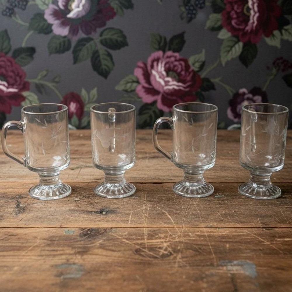 Princess House Heritage Irish Coffee Mugs, Set of 4, Vintage Floral Etched Glass